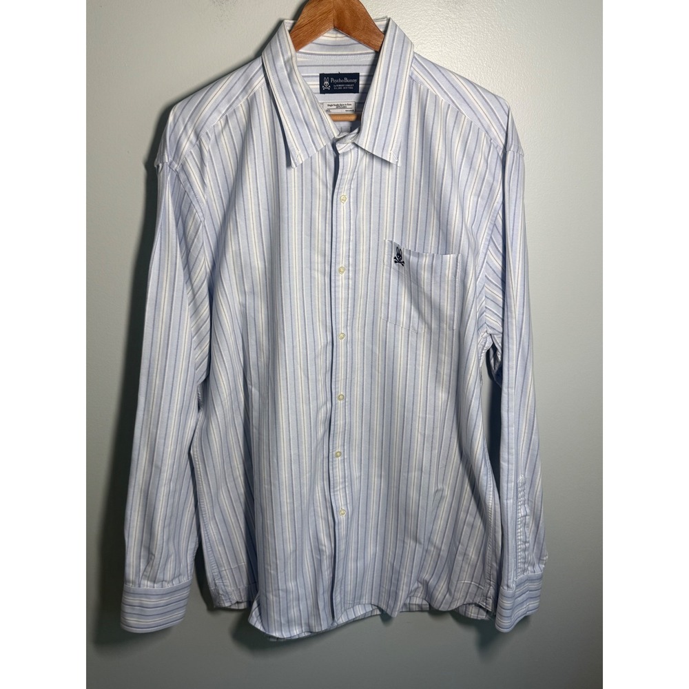 Psycho Bunny Mens 2XL Striped Button Down Shirt Blue White Long Sleeve Cotton